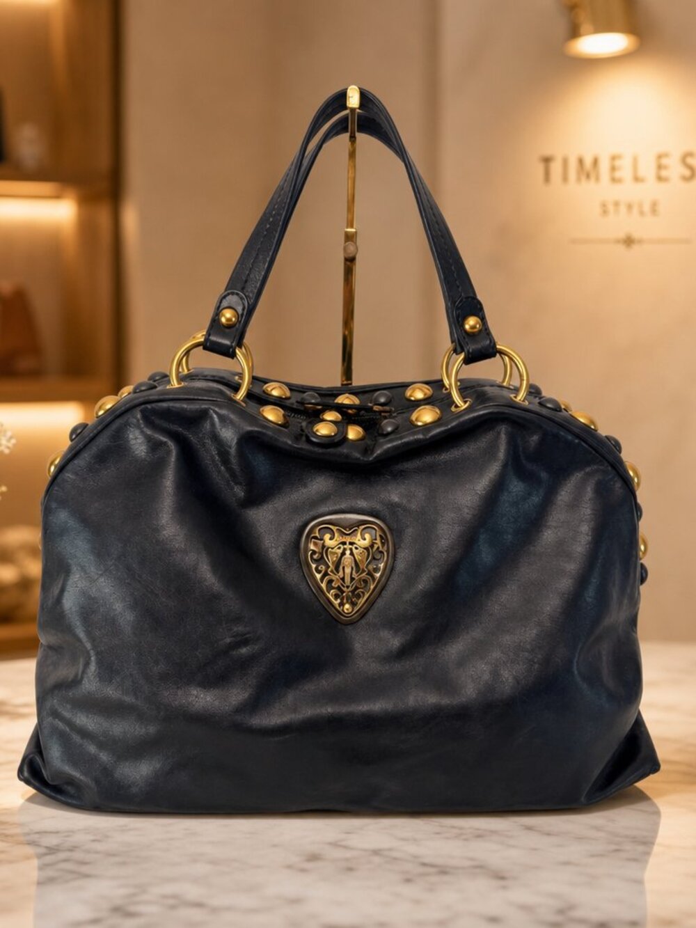 Gucci Babouska Vintage Black Leather Studded Bag